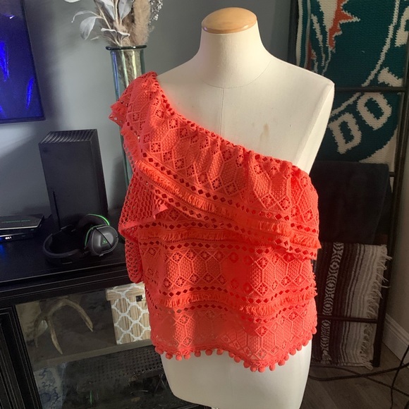 SAYLOR Bess fringe pom pom embroidered ruffle eyelet coral one shoulder - Picture 9 of 12